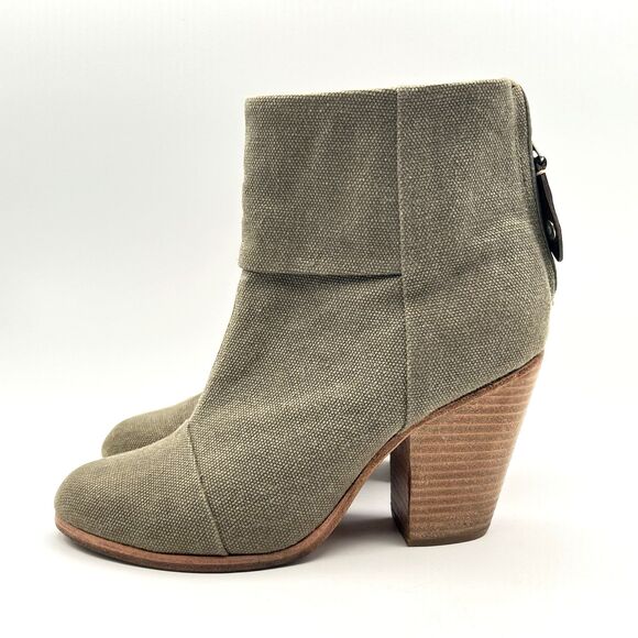 Newbury Ankle Boots RAG & BONE Ash Army Green Canvas Block Heels Zip Back Sz 38 - Picture 1 of 13